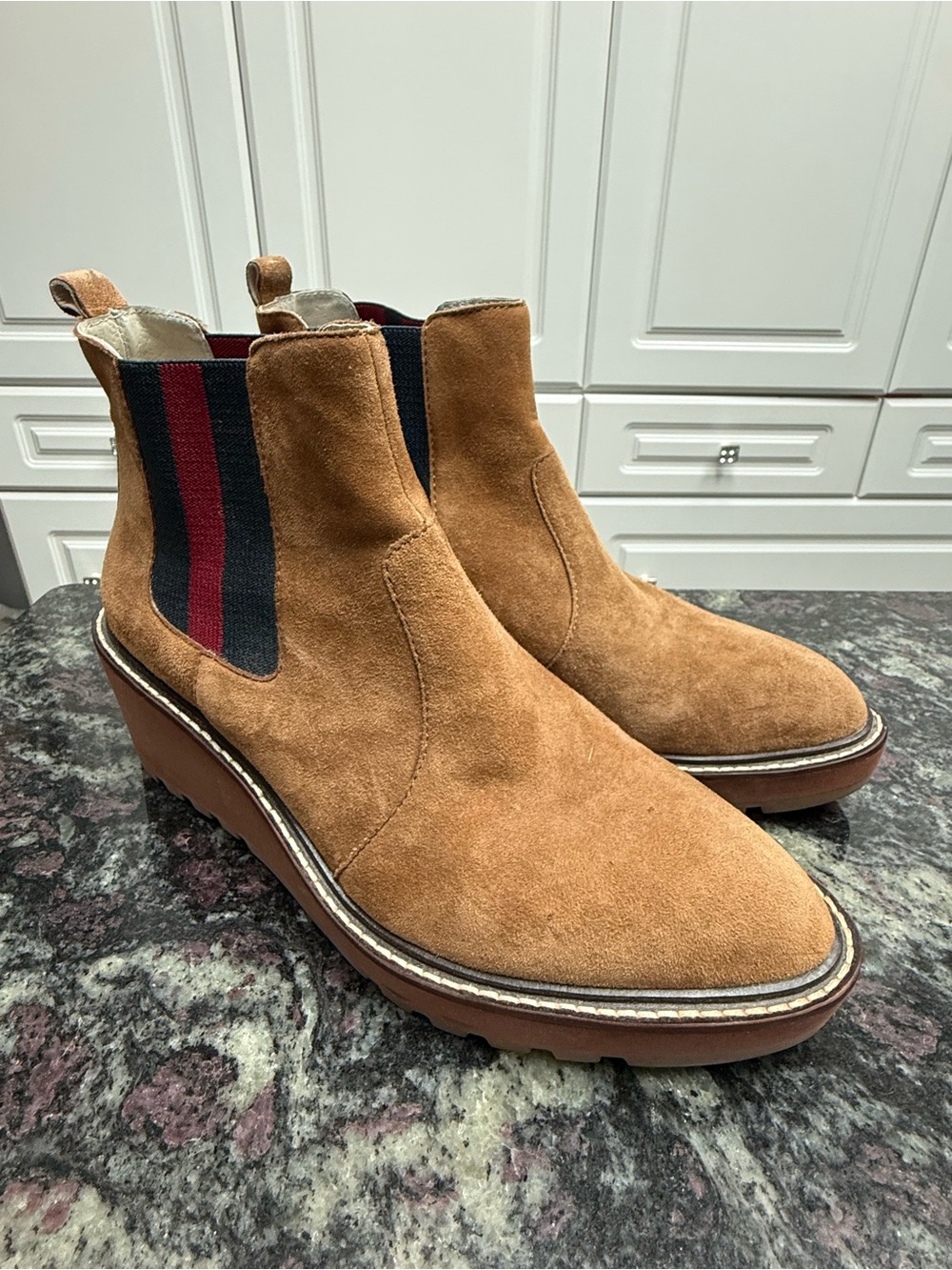 Suede Chelsea Wedge Boots in Tan with Stripe Elastic 8.5